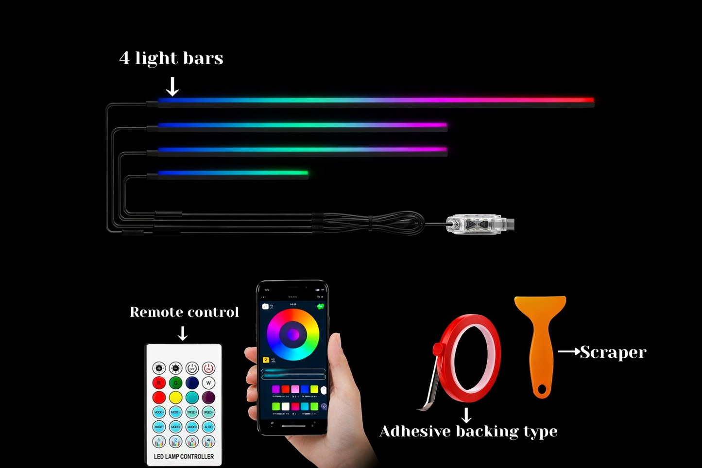 RGB LED Car Ambient Lights - 110cm , APP Control , Interior Decoration